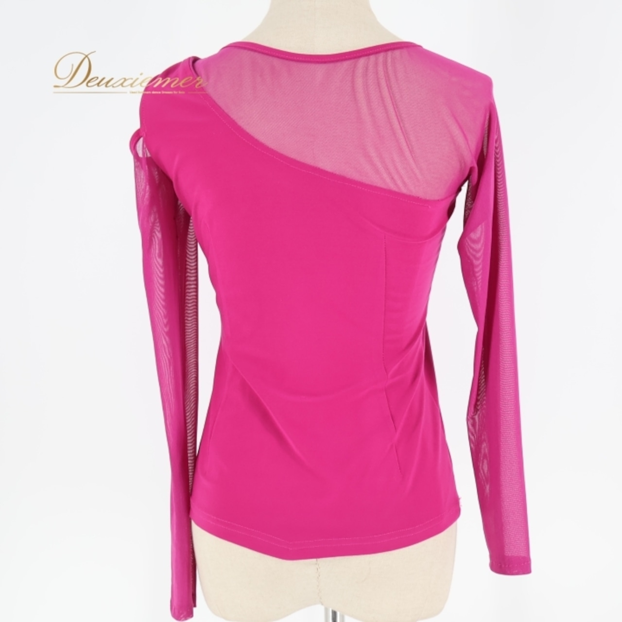 社交ダンス 衣装 トップス ブラウス パープル系 ジャンティ gentil 紫 シンプル 伸縮 ストレッチ レッスン 練習 明るい 鮮やか 長袖 メッシュ 透け感 上品 かわいい 華やか ラインストーン キラキラ