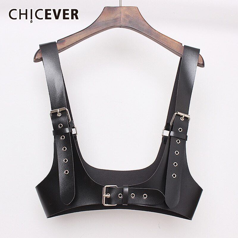 CHICEVERベストベルトレディースブラックPUパッチワークメタルリングスルーショルダーストリートウェアベルト2020スタイル ハーネス 指輪 6base516142353039