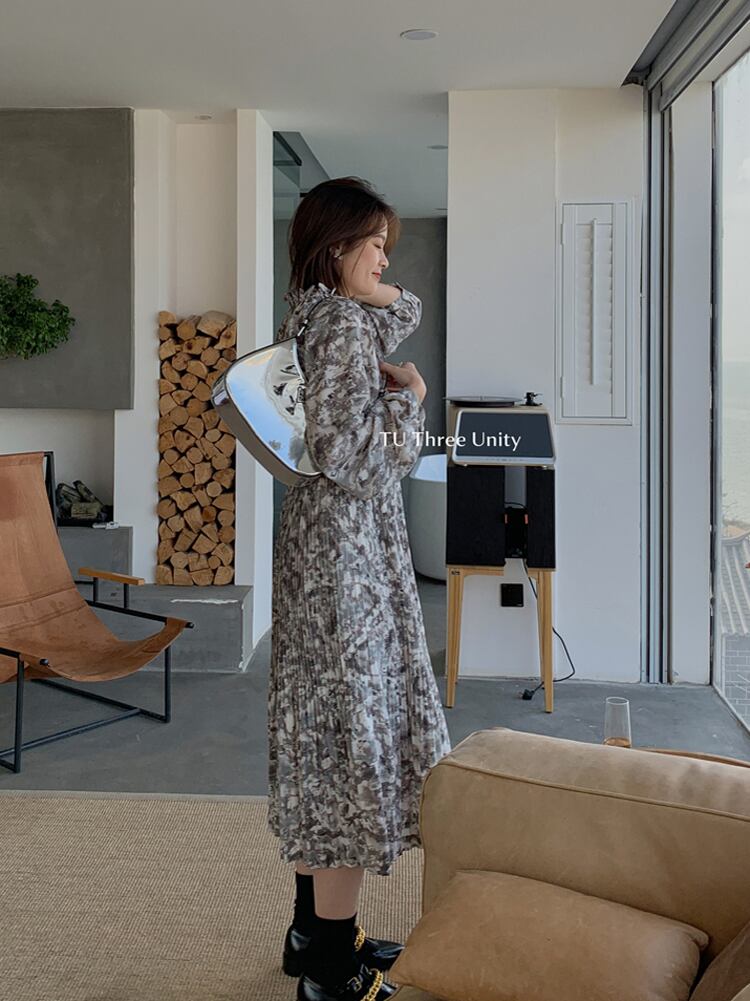 レースVネックフローラルスカート ルーズロングドレス スプリング 春物 花柄 ビッグFスモールZ韓国61446810386