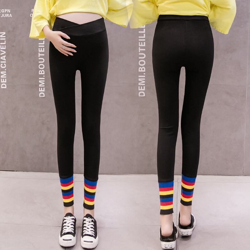 【新作】【送料無料】 妊婦ローライズレギンススプリングブロックカラーストライプニットパッチワークコットンベリーパンツマタニティスキニーペンシルパンツ 春物 AL expec312447703784