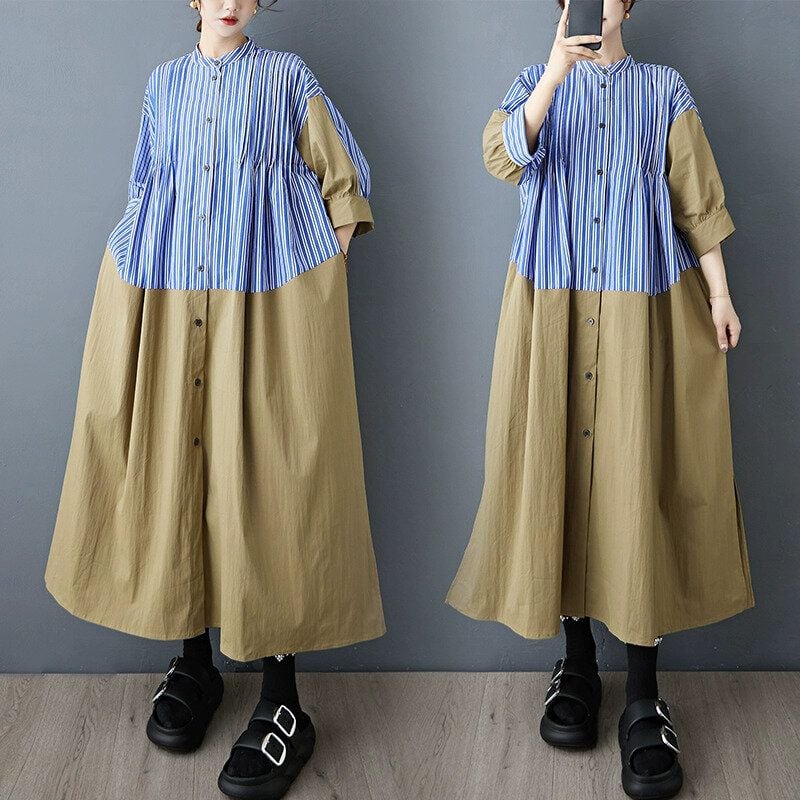 CONTRAST STITCH 3/4 SLEEVES A-LINE LONG SHIRT DRESS 1color M-13931