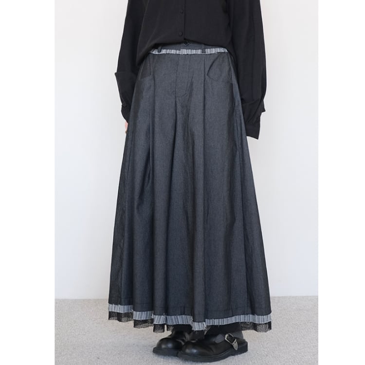 デザイン感のあるサテン切り替えウエストゴムフレアロングスカート R30076