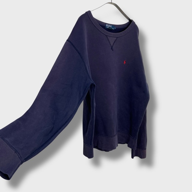 90s ラルフローレン 前Vスウェット ワンポイントロゴ 紺 L フェード