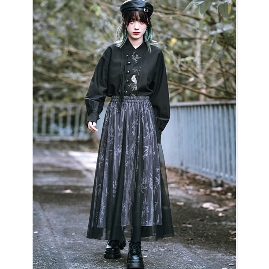 SEASONZ スカート チャイナ服 ロングスカート バンブー柄 シアー