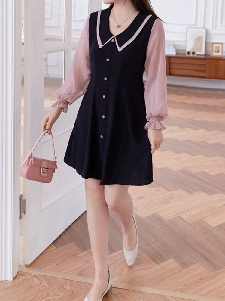 【即納】1点限定 上品×可愛いで愛され女子に ダブルカラーミニワンピース 長袖 シアー ボタン ミニ丈 バイカラー 大人可愛い ガーリー Aライン 上品 エレガント お呼ばれ デート 大きいサイズ 韓国 CH9580