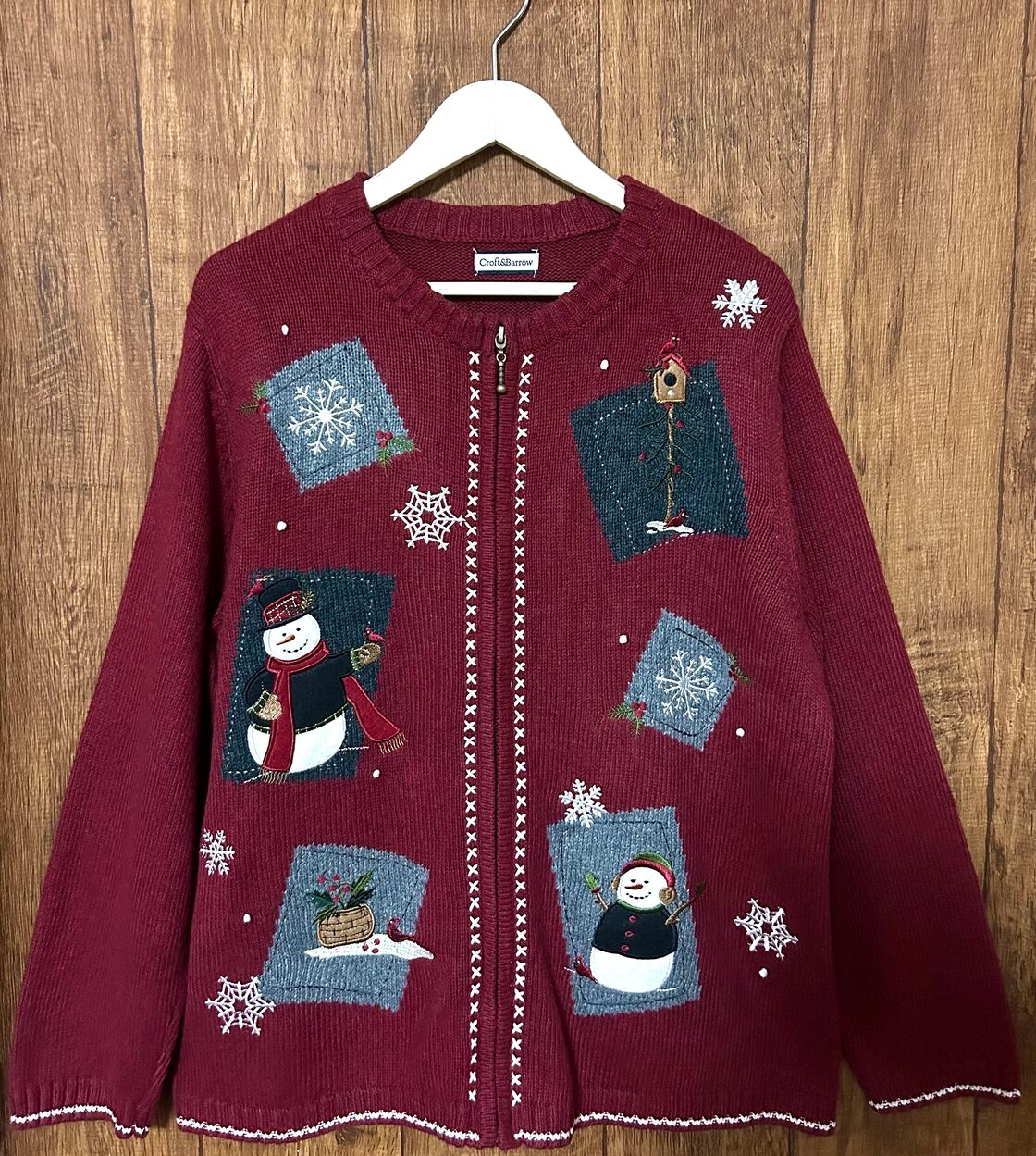スノーマン 雪だるま ニット セーター カーディガン エンジ 刺繍 鳥 雪 