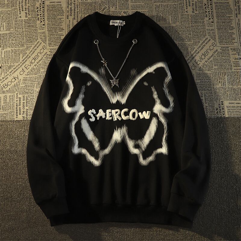 派手め ビッグロゴ が 今っぽ メンズっぽ ビッグシルエット トレーナー トップス チェーン付き 韓国ストリート モノトーン ロック オーバーサイズ ゆるだぼ 体型カバー Lamitte Deco トレンド 韓国ファッション ショップ Base店