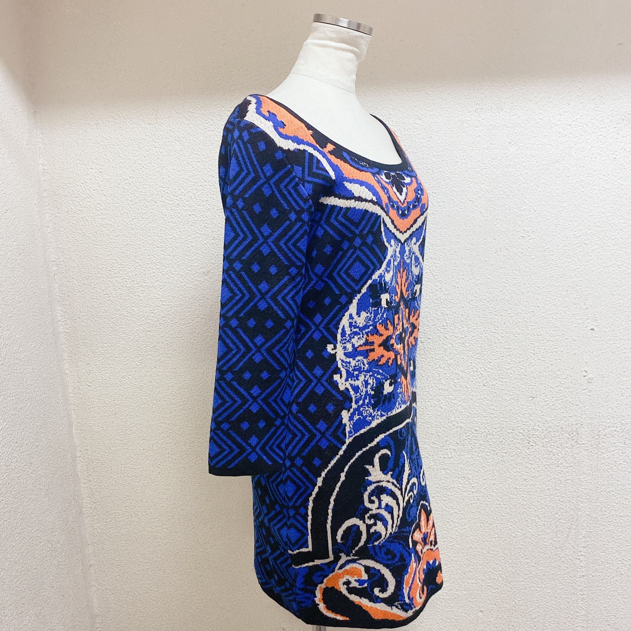 ヴィンテージ　長袖ニットワンピース　青　白　オレンジ色　vintage knit onepiece