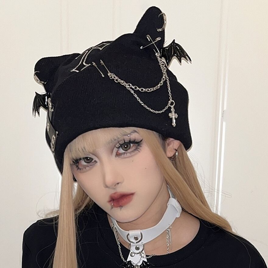 即納 サブカル系 猫耳 パンク ニット帽 ユニセックス 闇かわいい｜天使