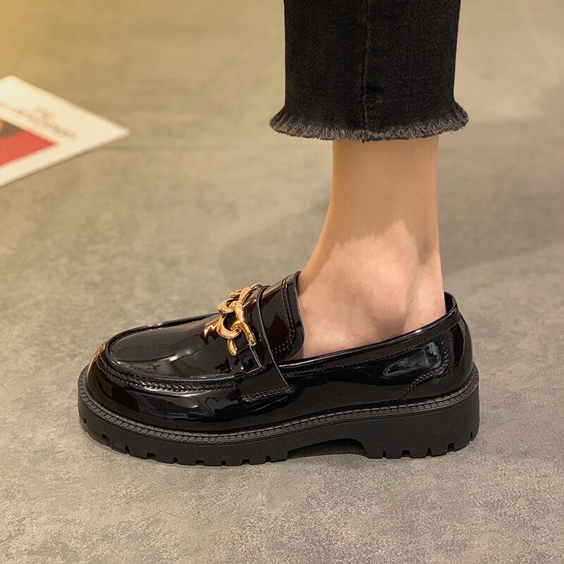 ブラックスプリングメタルバックルレザーシングル 靴 シューズ 春物 フェイクシューズ60648897754