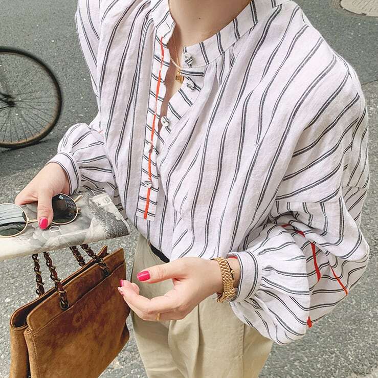 ストライプスタンドカラーシャツ 10167