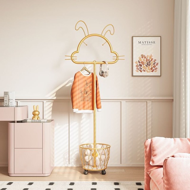 コートラック ハンガーラック おしゃれ スリム 頑丈 カゴ 子供用 白 シンプル うさぎ ラビット 動物 ゴールド ホワイト 可愛い ラブリー 洋服掛け