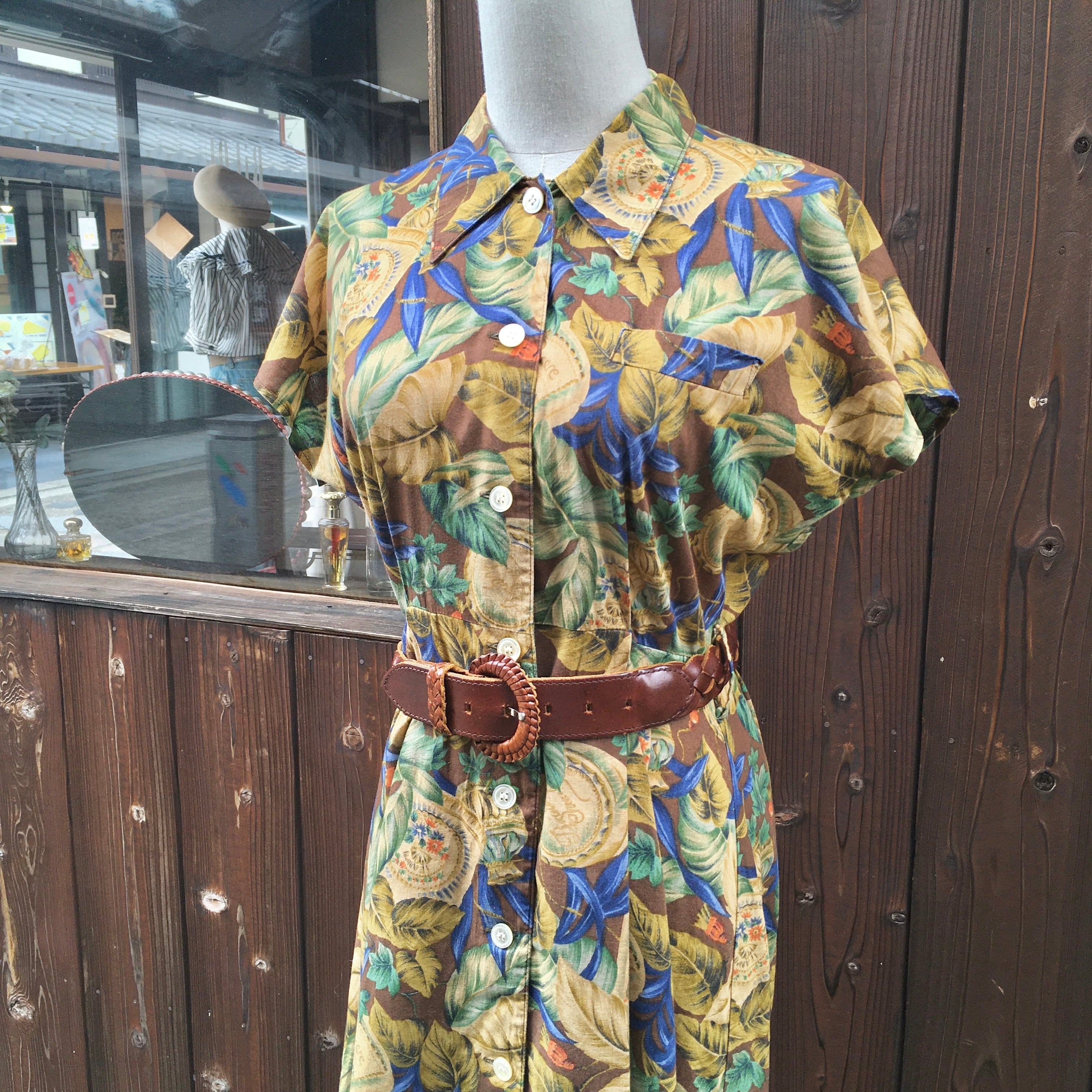 botanical shirt one piece 〈レトロ古着 ボタニカル柄シャツ