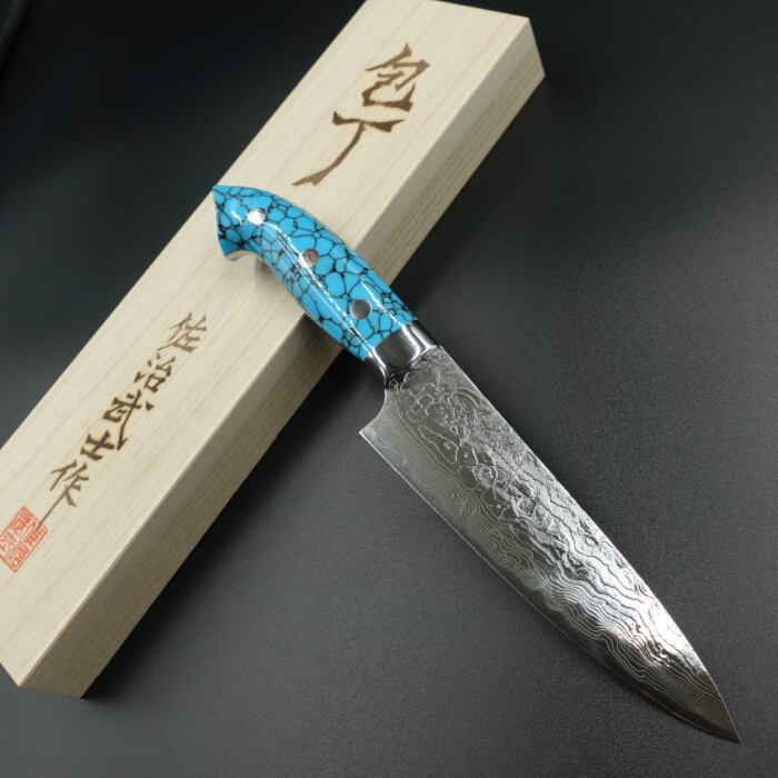 佐治作 ペティ ナイフ R2 粉末ハイス鋼 ダマスカス 130mm 青