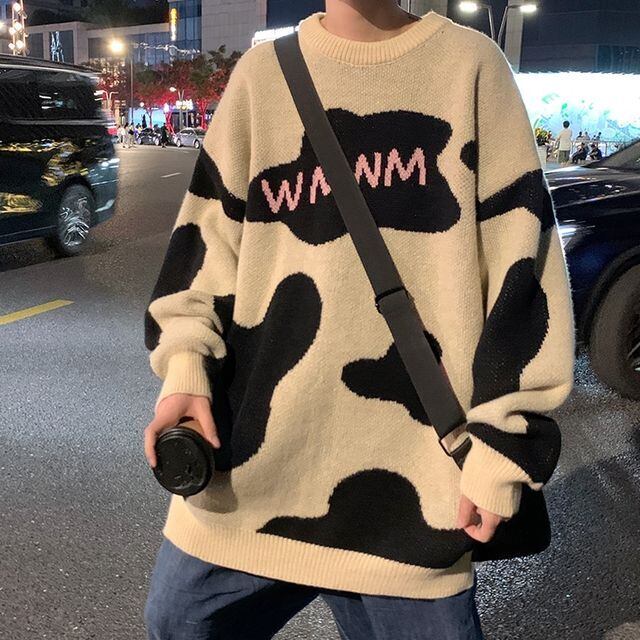 【予約販売】ニット 総柄 アニマル柄 雲 メンズ グリーン ベージュ セーター こなれ感 お洒落 韓国 トレンド 秋冬 M/L/XL/2XL/3XL
