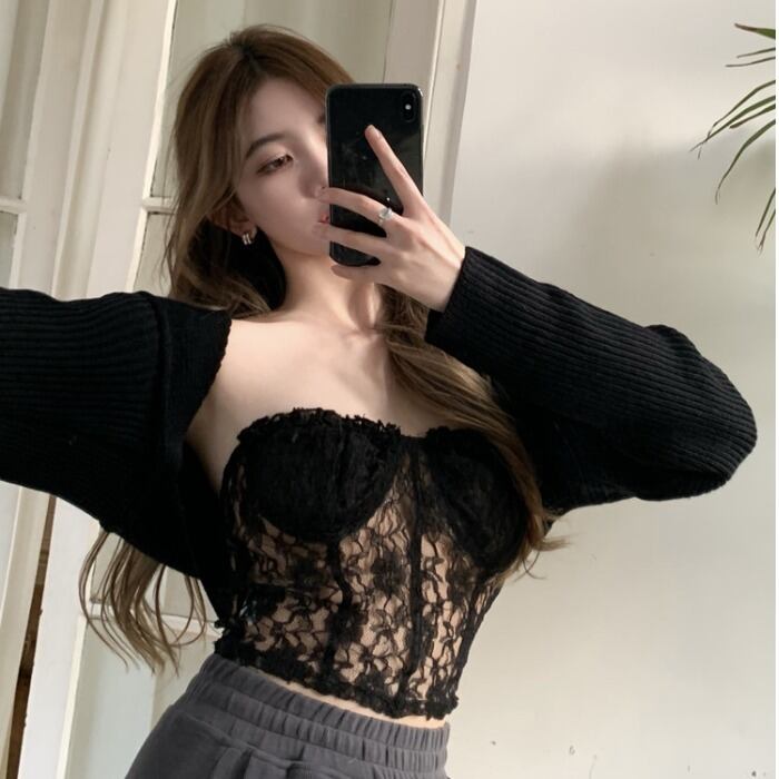 スプリングサマーレーストップス ブラックショート 春物 夏物 ドラファッションホール55670670075