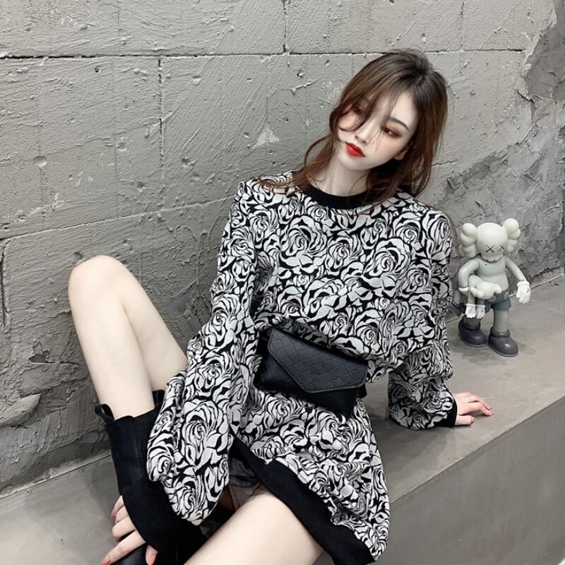 香港スタイルのルーズミドル丈レイジースタイルプリントプルオーバー長袖セーターレディーストップ秋2020新しいイントレンド ドラファッションホール13509485950