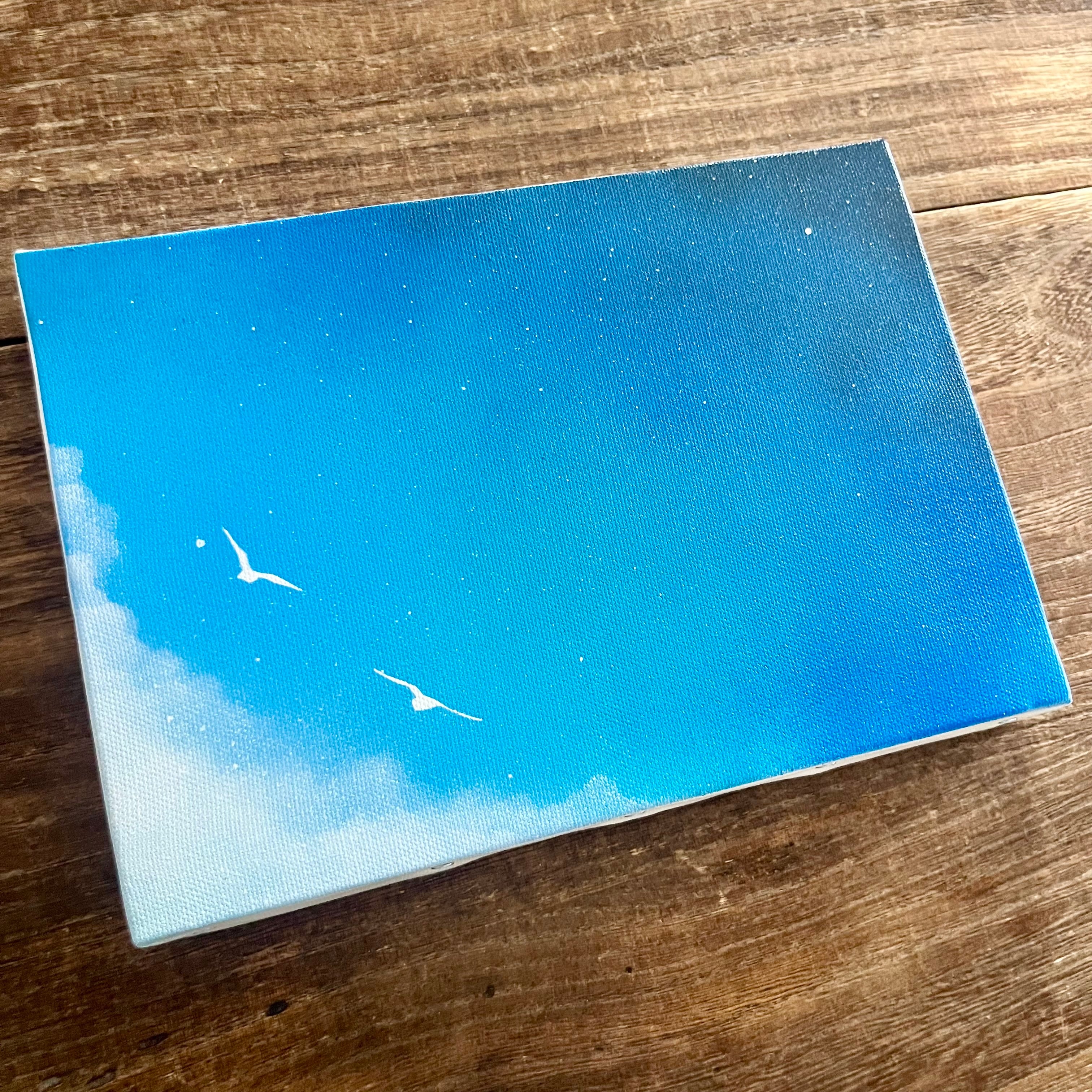 境界線の風景」原画 空×宇宙×鳥 青 白 絵画 キャンバス 風景画