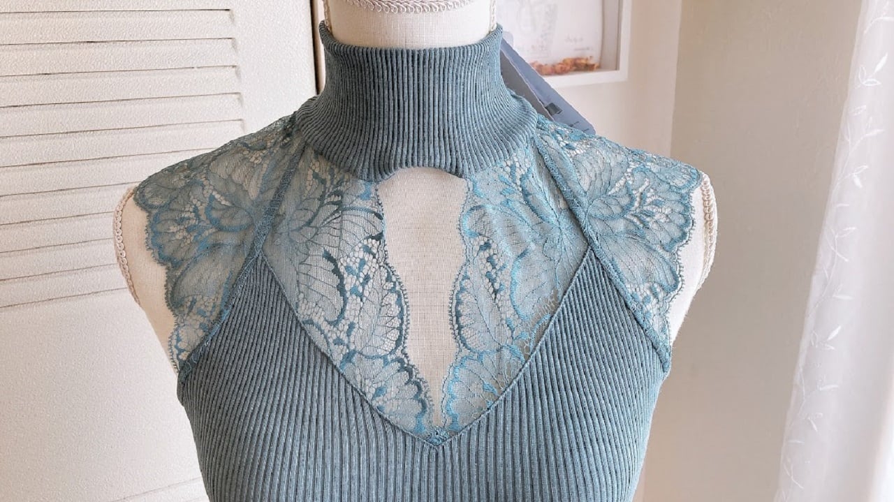 Oscalitoオスカリート リバーレースハイネックトップス ウールシルク サイズ4(L~2L)(11~13号)7611