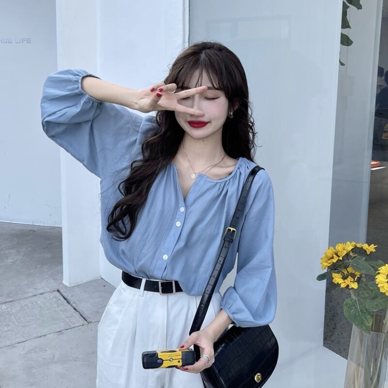 スプリングオータムスタンダードルーズ薄手シャツ トップス レディース ロング レトロ 春物 秋物 萌量不足12046105142