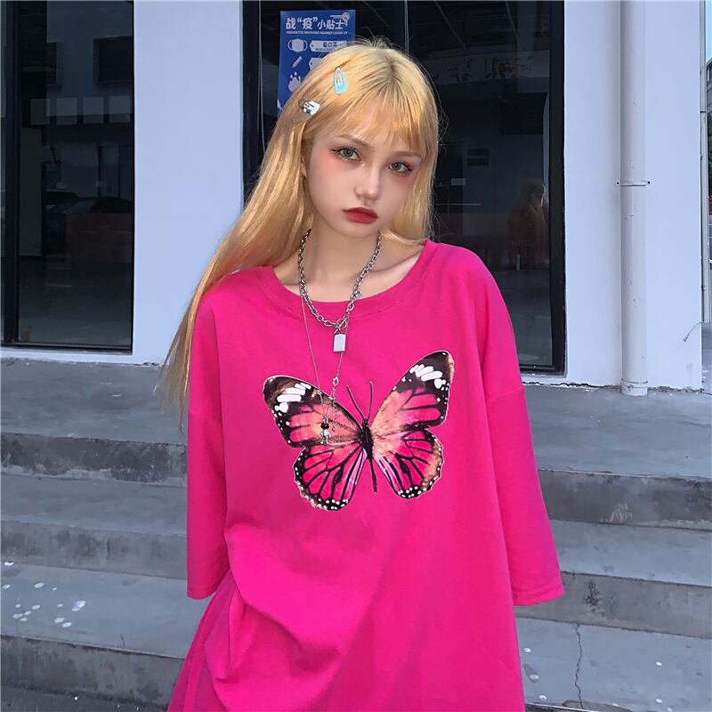 スタイルカジュアルスタンダードButterflyデザイン プリント柄Tシャツ ルーズトップス レトロ 大きめサイズ かわいい ケッペル97034516998
