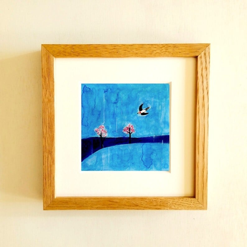 原画「霧けぶる森」※木製額縁入り（18㎝角）イラスト・水彩