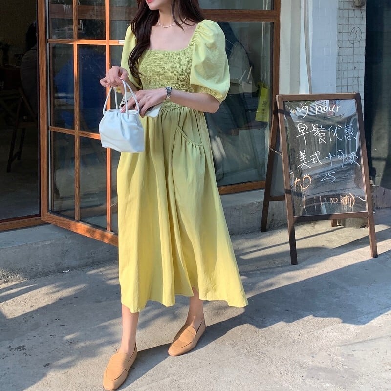 ワンピース レディース 3色 ロングワンピース 半袖 パフスリーブ スクエアネック ハイウエスト かわいい 大人可愛い きれいめ 上品 エレガント おしゃれ お洒落 お嬢様 おとな こなれ感 ラブリー キュート ロマンチック 抜け感 華やか 送料無料 存在感 無地 学生 通学 デート お出かけ 女子会 休日 リゾート 旅行 散歩 カフェ巡り 街歩き お買い物 フリーサイズ ブラック 黒 ブルー 青 グリーン 夏 10代 20代 30代 韓国 韓国系 着回し 普段使い モテ トレンド 流行 インスタ映え