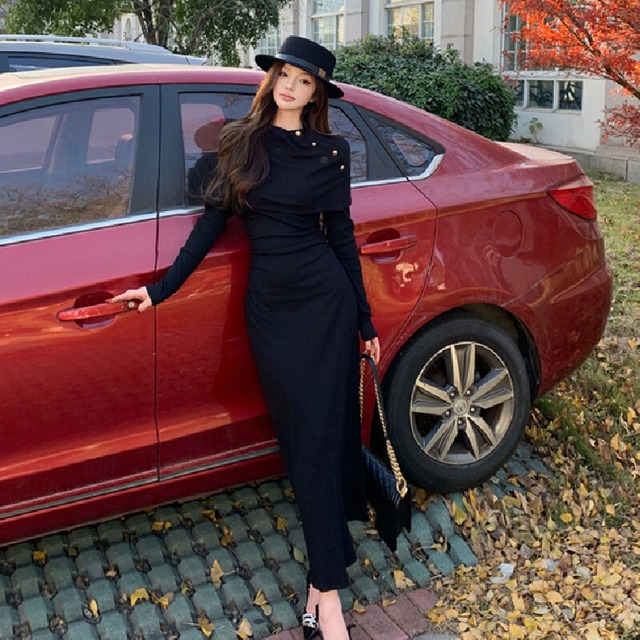 ワンピース シルエット レトロ 無地 ウエストイン ブラック S M L