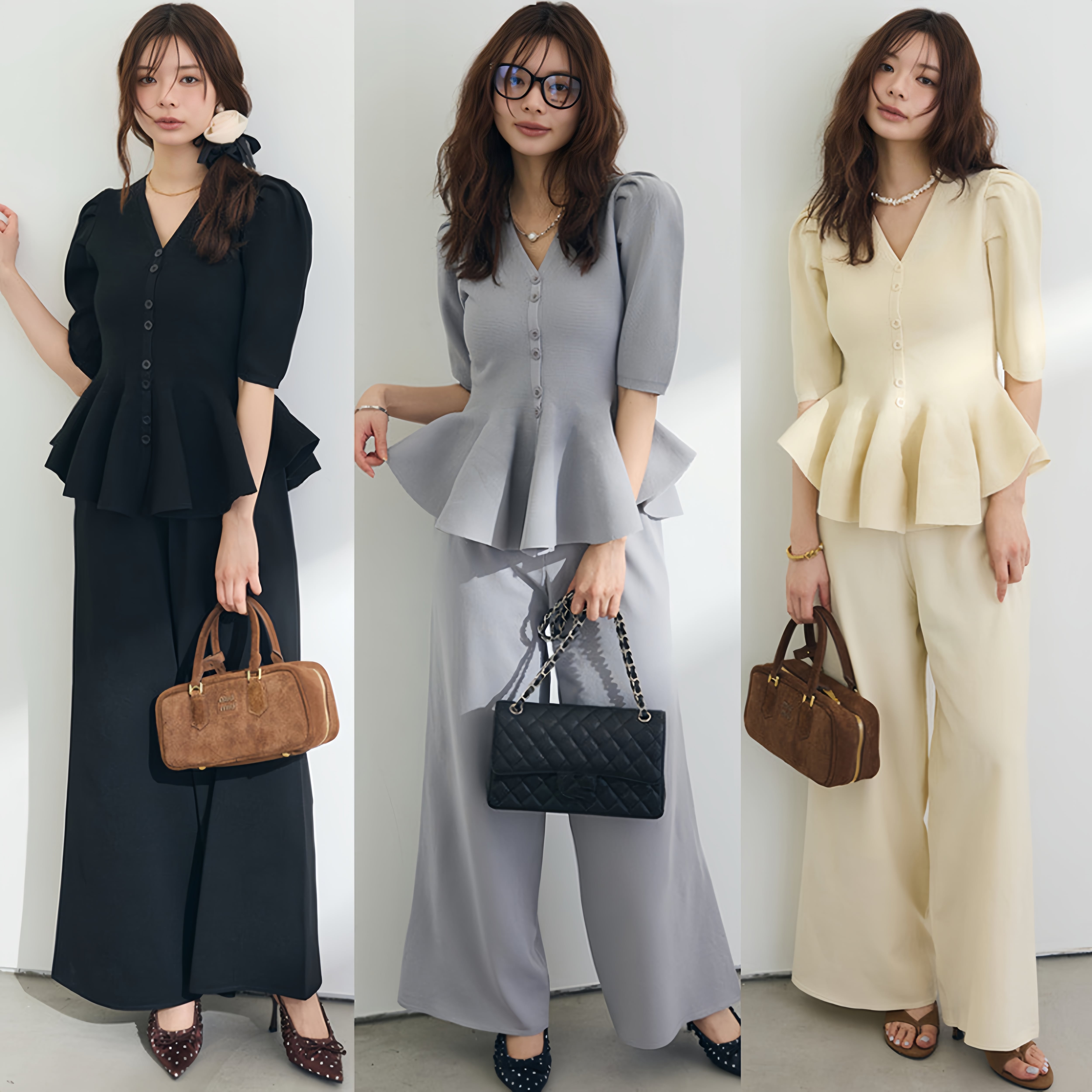 【set】ペプラムニットトップス×ワイドパンツセット N3558