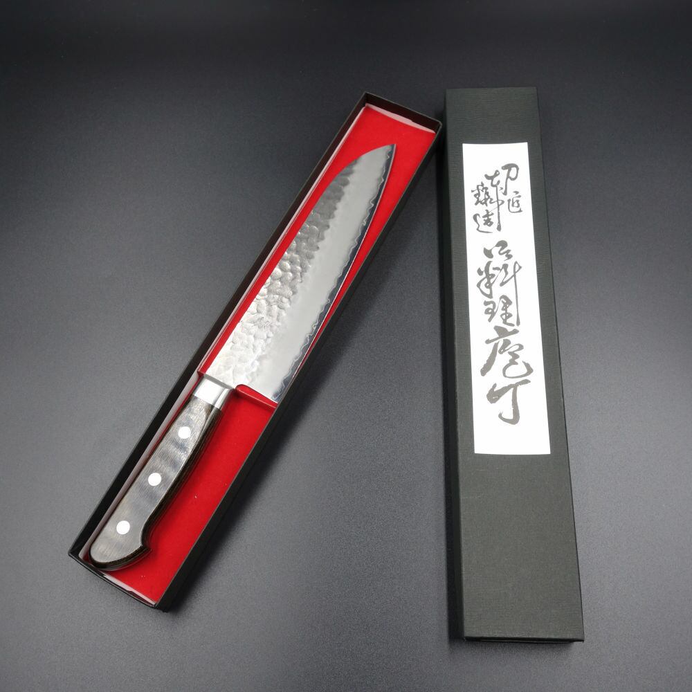 仙助 三徳包丁 180mm ステンクラッド 口金付こげ茶合板柄 鎚目打 10037