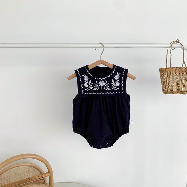 【BABY】フラワー刺繍セーラーカラーノースリーブロンパース - 19