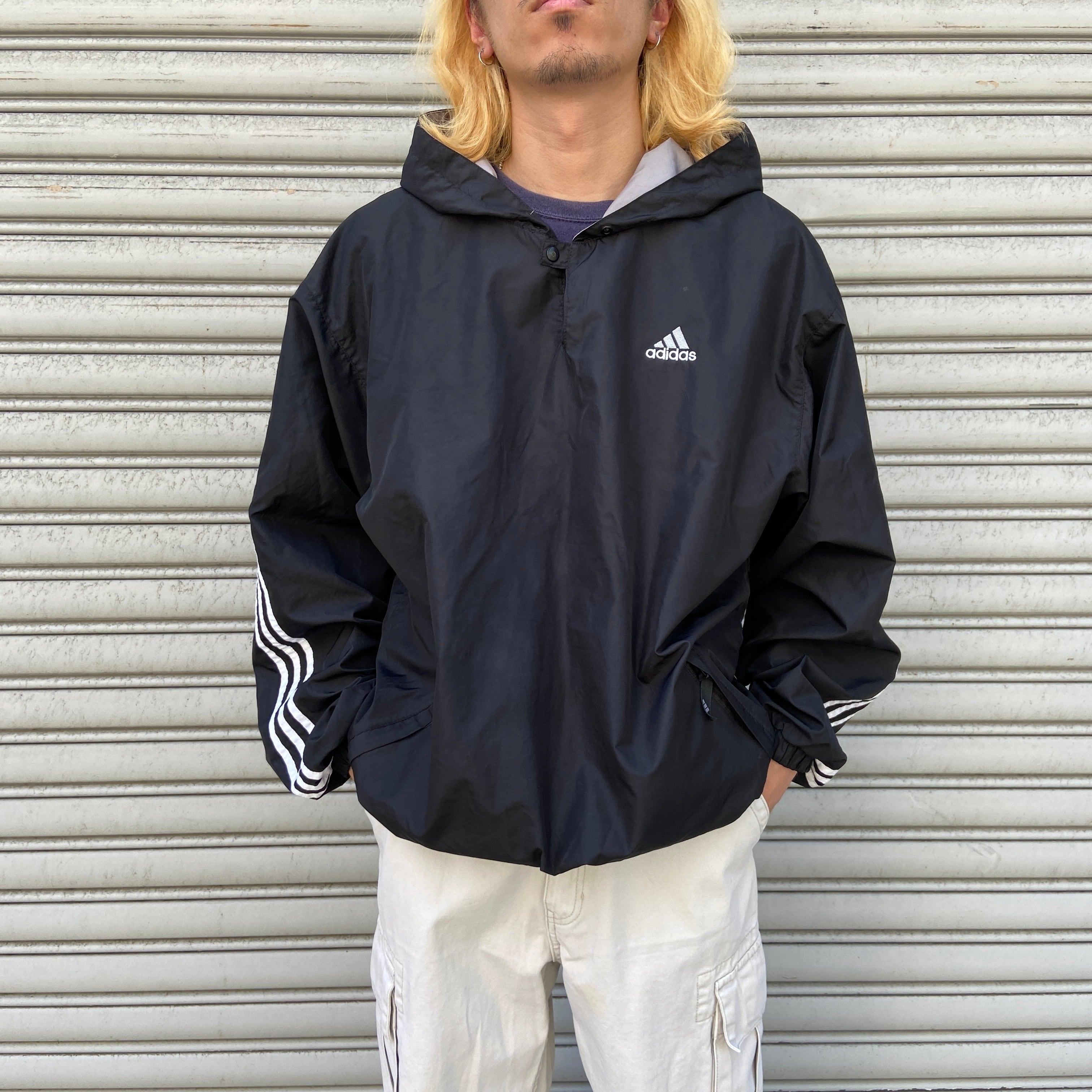 90s adidas ナイロンアノラックパーカー パフォーマンスロゴ 黒 M ...