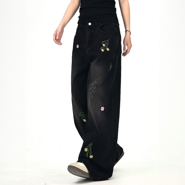 フラワーリーフステッチデニムパンツ 2col R01020
