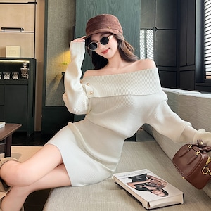 【3色】 ミニドレス キャバドレス セクシー ニットワンピース オフショルダー タイトフィット ペンシルスカート風  シックスタイル LW2-ZED883252GT510B