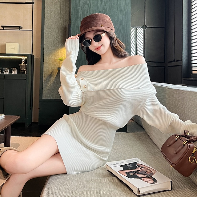 【3色】 ミニドレス キャバドレス セクシー ニットワンピース オフショルダー タイトフィット ペンシルスカート風  シックスタイル LW2-ZED883252GT510B