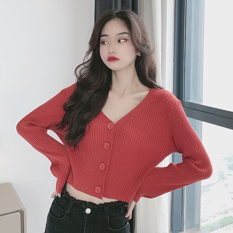 レッドショートセーター カーディガンジャケット スプリングルーズスタイルVネックニットトップス ロング 春物 1号婦人36378542832