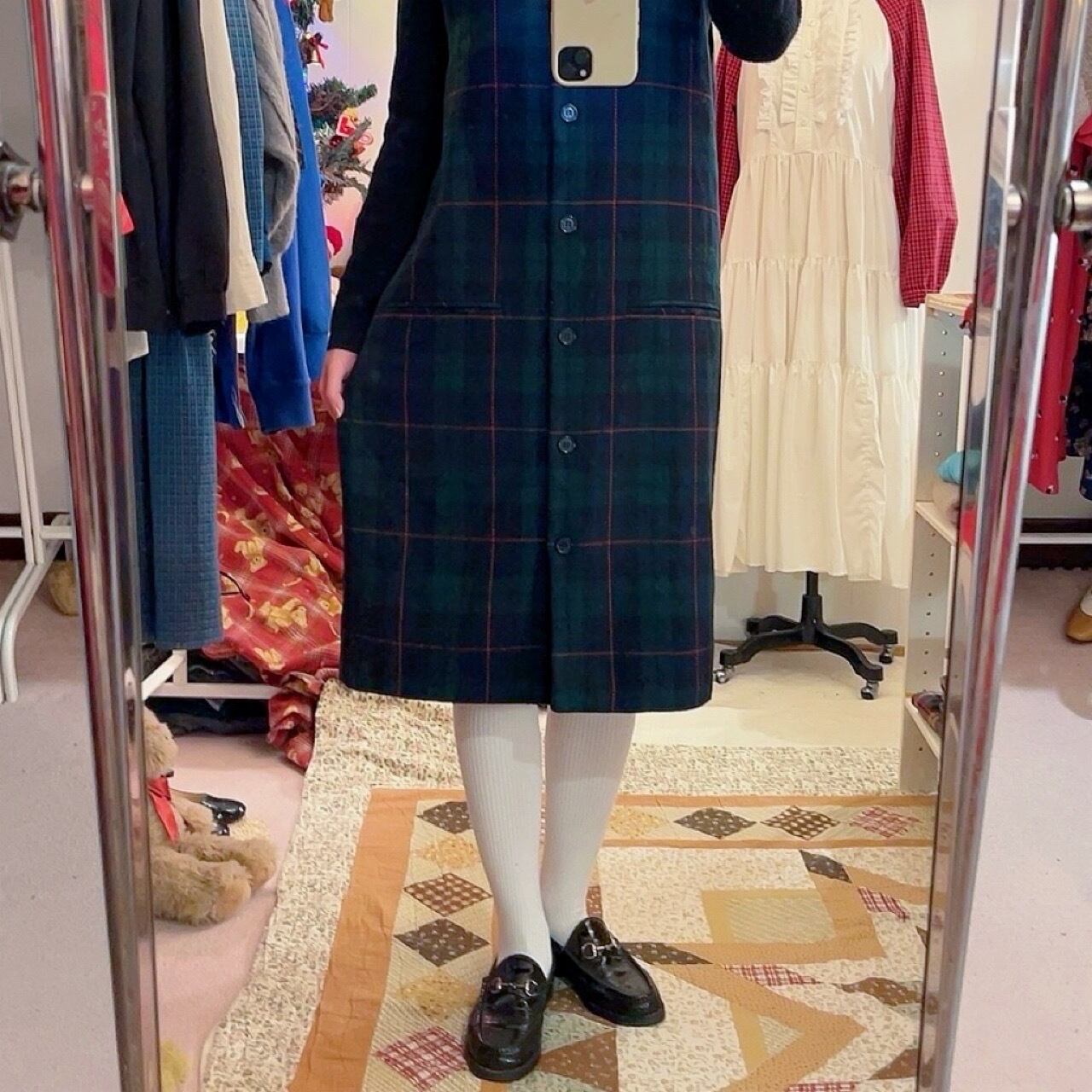 green chek front button jumper skirt