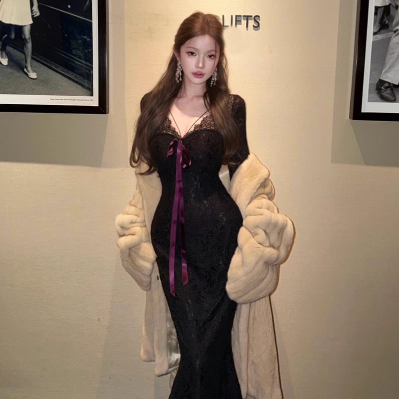 【dress】リボン付きレースタイトワンピース Q7602