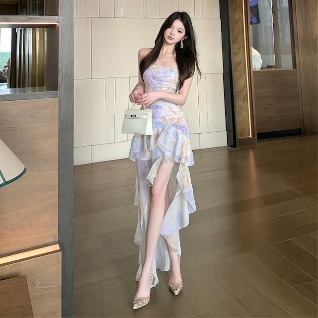 【dress】ベアトップフリルプリントワンピース　M31597