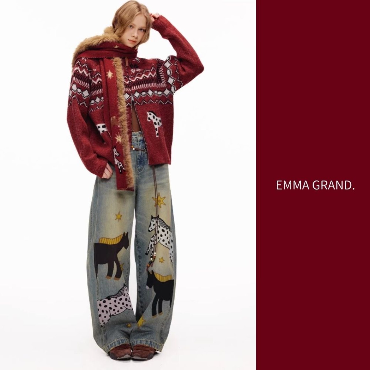 星降る草原を歩く、馬たちのデニムパンツ E00627