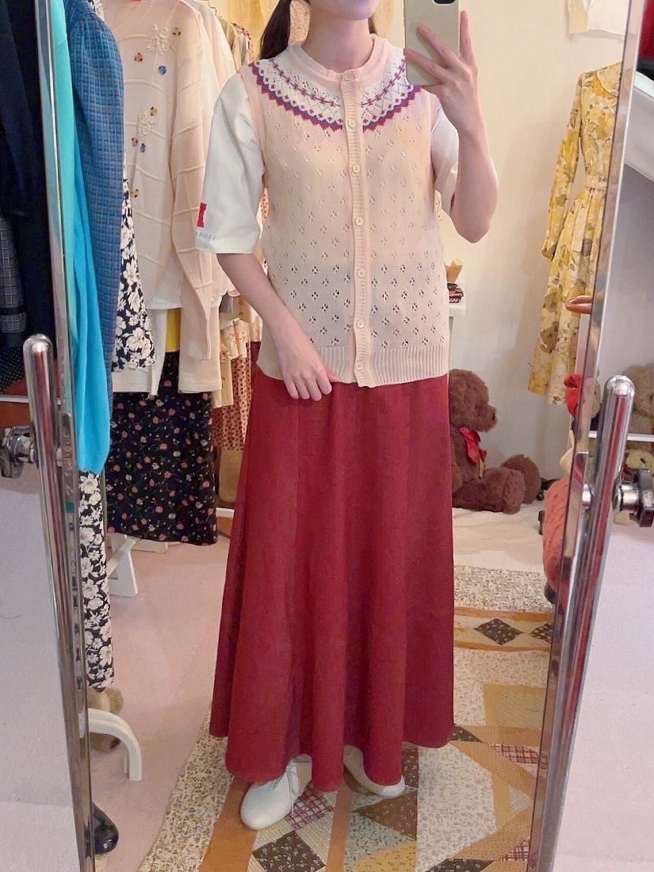 red denim seams flare skirt