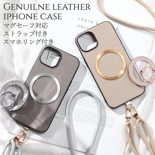 iphoneケース レザー iphone16 iphone15 iphone14 iphone13 リング付き ショルダー ストラップ 本革 16 15 14 13 13mini マグセーフ対応 magsafe対応 ゴートレザー 16pro 15pro 14pro リング ストラップ付き 肩掛け スタンド マグネット 16プロ 13ミニ メタリック 送料無料