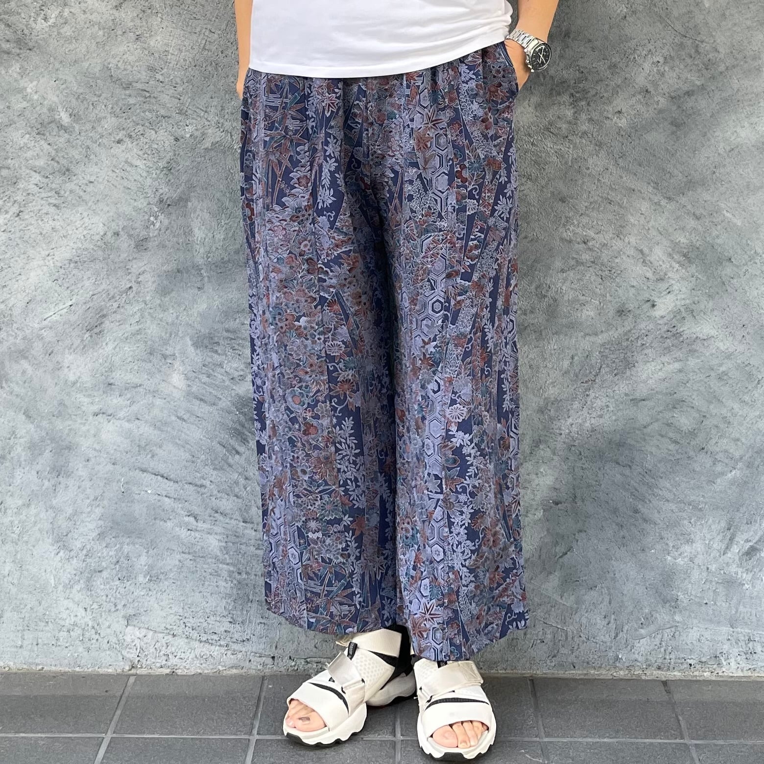 着物リメイクワイドパンツ - kimono elastic waist pants