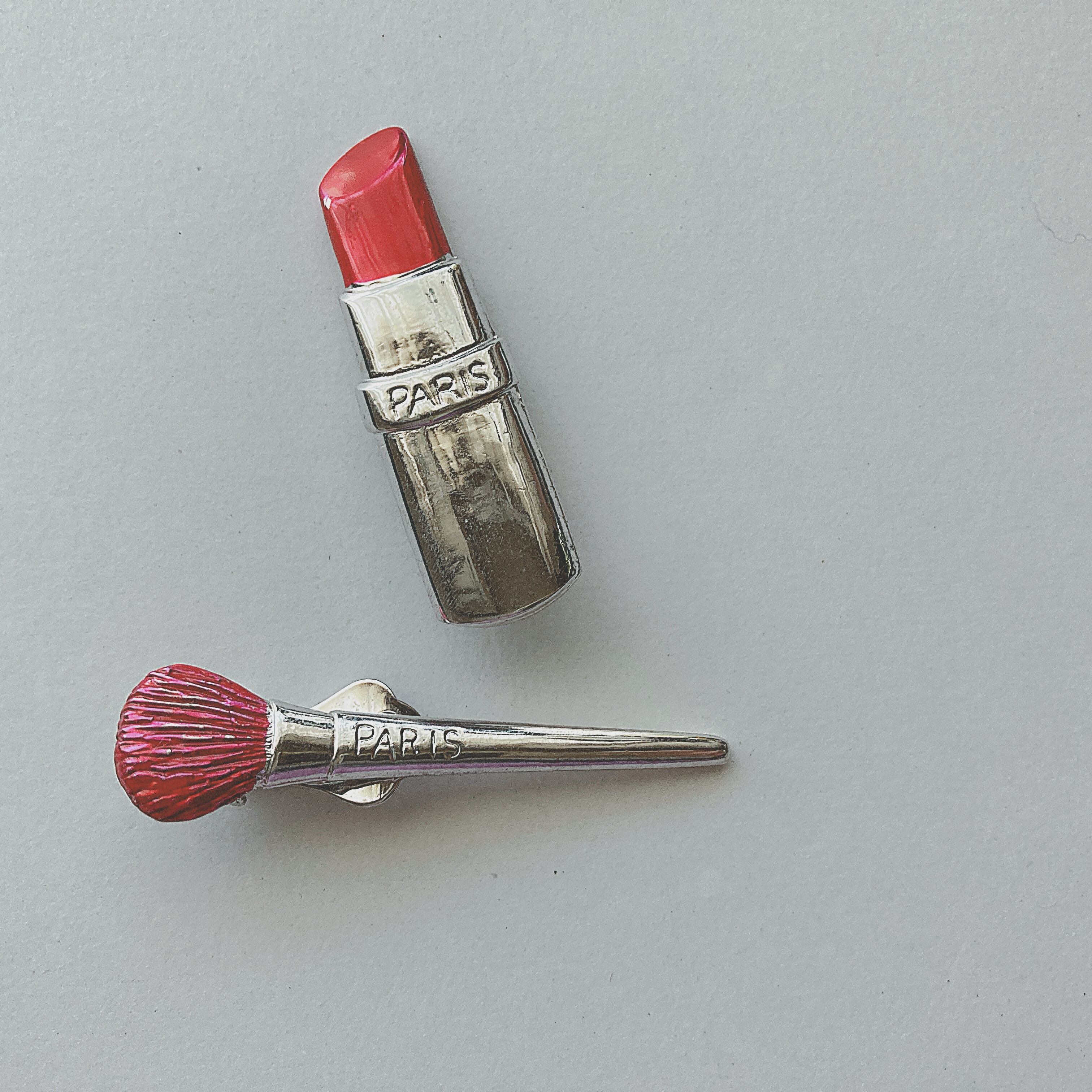 Vintage silver tone red enamel lipstick makeup brush earrings ヴィンテージ