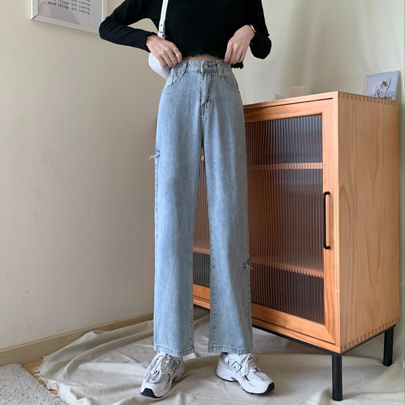 スタンダードジーンズ スプリングハイウェストウェストスリムワイドレッグパンツ ロング レトロ 春物 ワイドパンツ 1号婦人5290701835