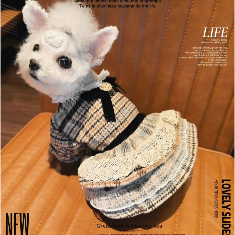 グレンチェックのエレガントなワンピース 犬服 00543