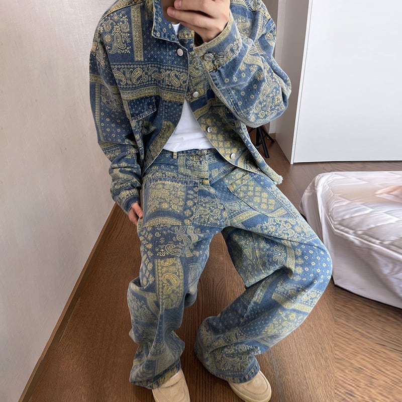 dannyandzeeペイズリー柄ワイドデニムパンツ