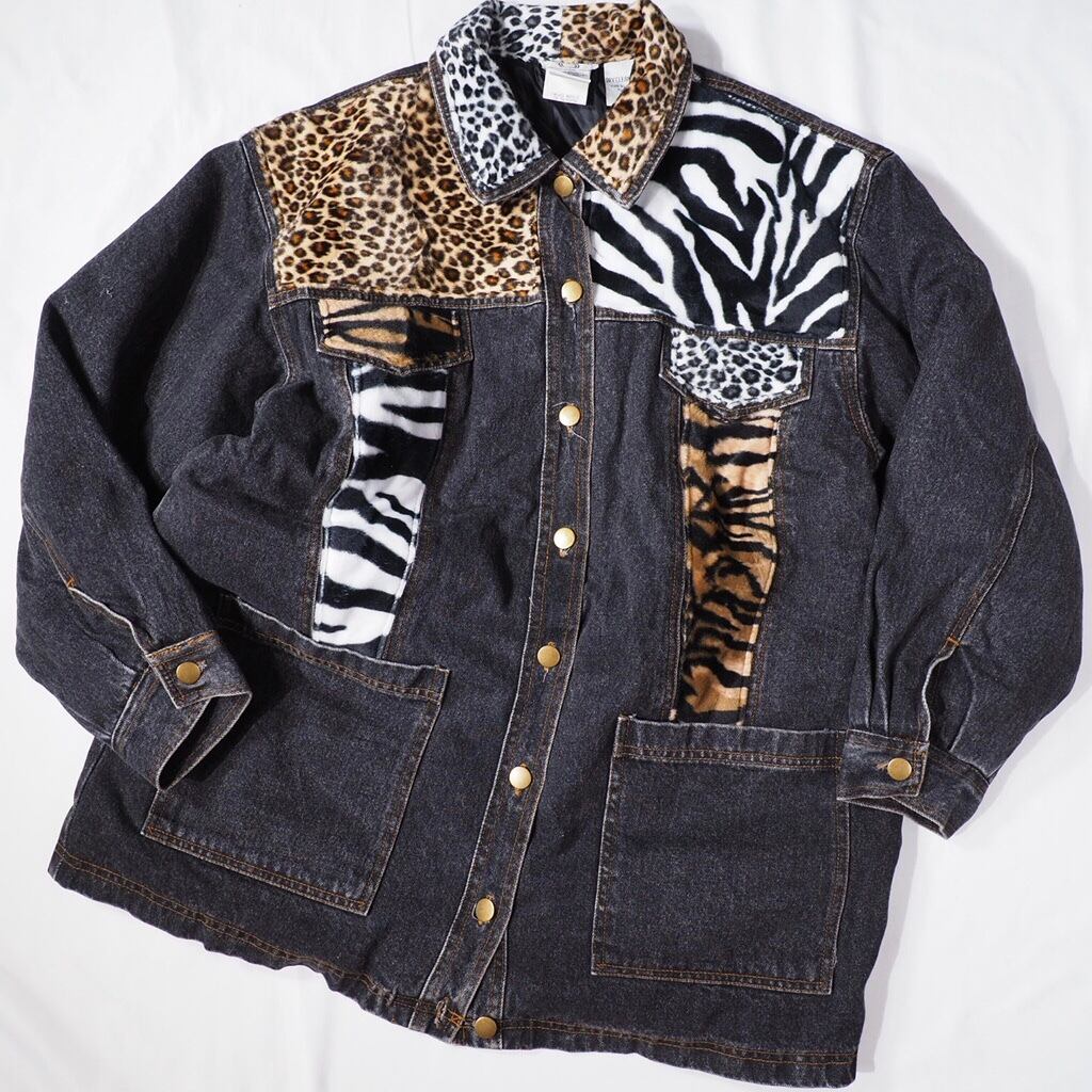 Various Animal Switching pattern Design dark gray denim jacket