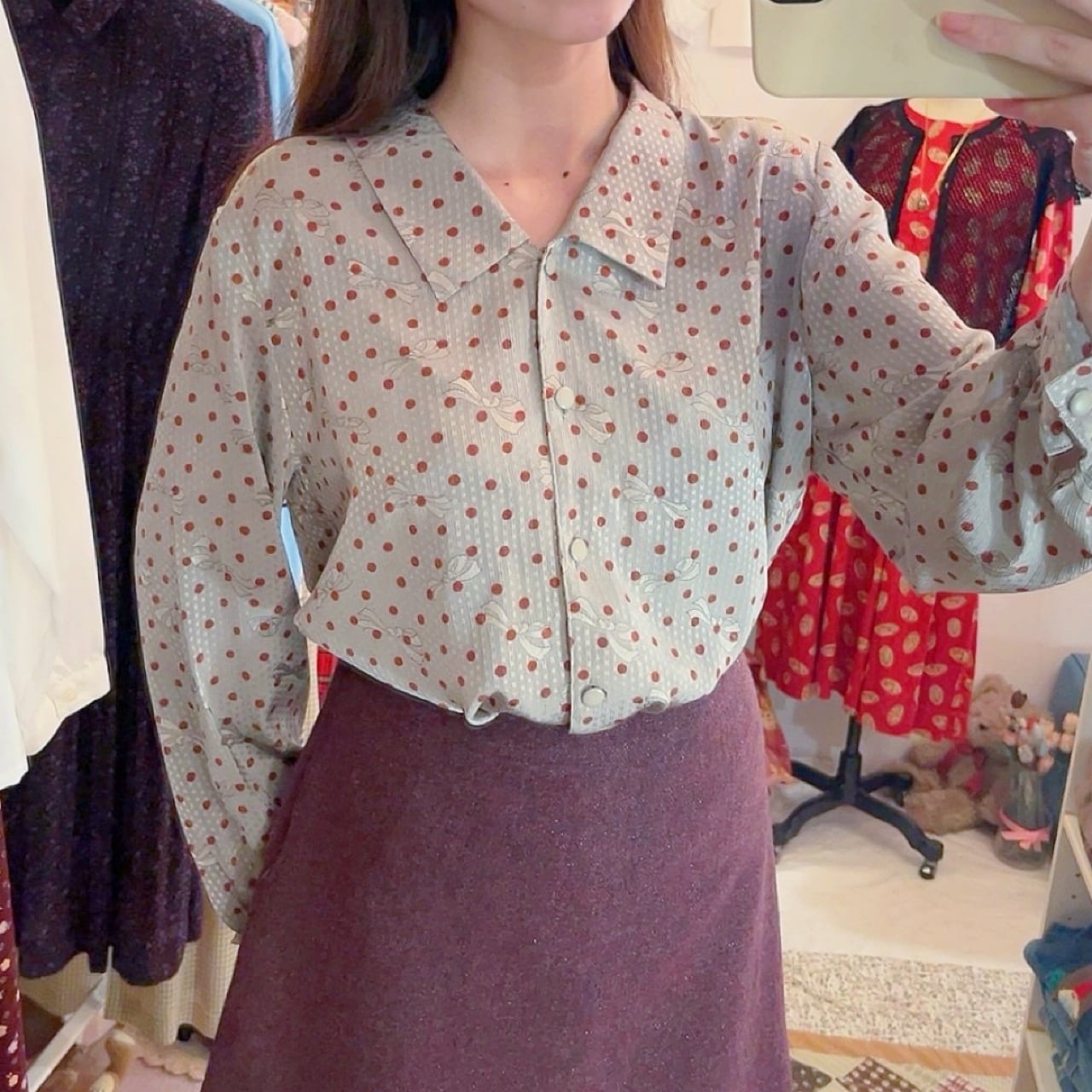 silver ribbon dot blouse