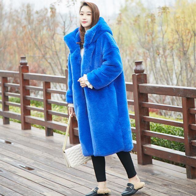 【予約販売】レディース コート アウター XS/S/M/L/XL ハイイミテーション ミンクファーロングフード付 ボアコート ルーズフィット ロング丈 かわいい イエロー/ブラック/ブルー/ブラウン/ヘイズブルー/ピンク/グリーン